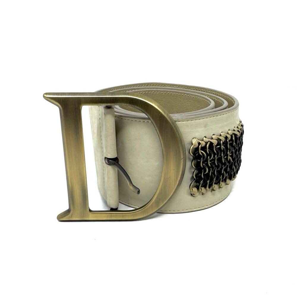Christian Dior Saddle Belt Beige Leather Antique Gold “D” Buckle Chainmail Sz 85